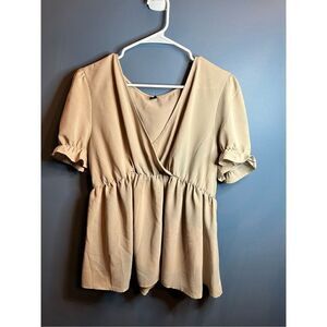 SHEIN Maternity Surplice Neck Puff Sleeve Peplum Top Khaki Size XL